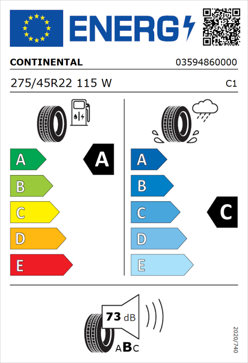 Tyre Label for Continental CrossContact RX 275/45R22 115W