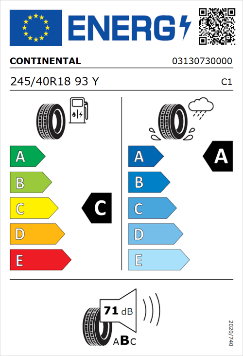 Tyre Label for Continental Premium Contact 7 245/40R18 93Y